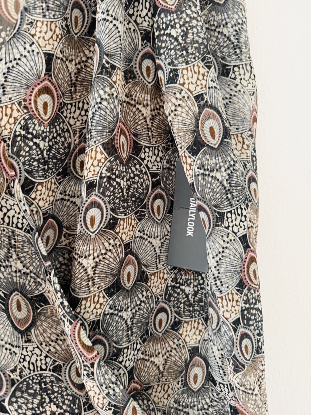 NWT Veronica M Brown Gray Cross Long Sleeve Peacock Print Blouse - Picture 4 of 4